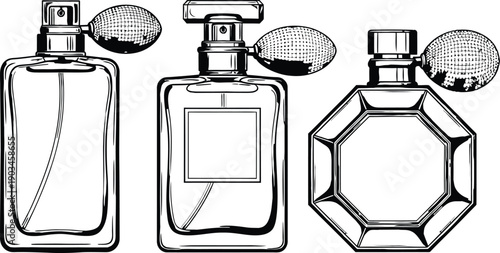 Three perfume bottles with atomizers on a white background