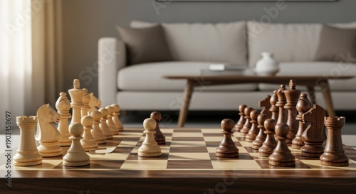 Chessboard in living room with sofa background. Pieces poised for play