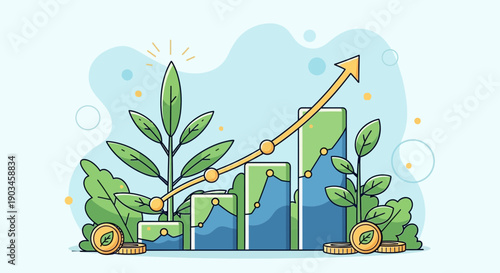 Growing Graph with Green Plants and Arrow.
