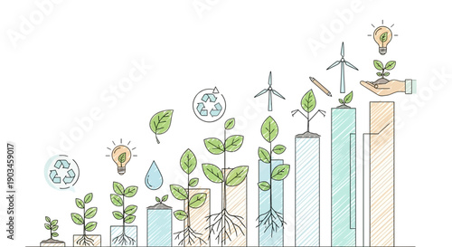 Sustainable Growth Bar Graph with Eco Symbols.