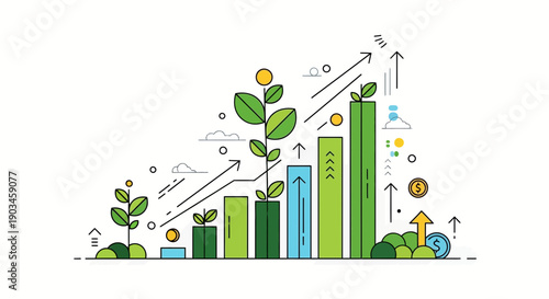Growing Plant with Rising Bar Graph.