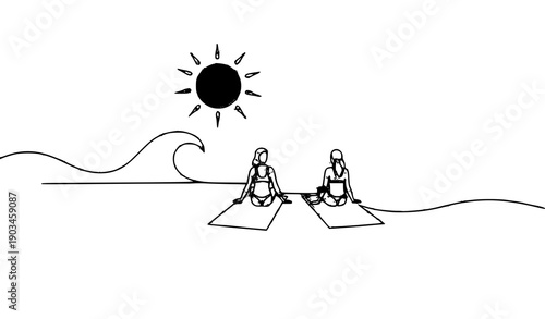 Minimal line doodle couple sunbathing at sea vector illustration
