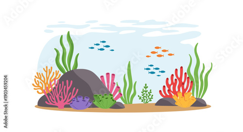 Lively underwater scene displays colorful coral reefs, green seaweed, and schools of small fish swimming in the deep blue ocean water.