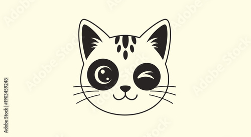 Bold black and white illustration of a winking cat face shows a playful kitten with spots over its eyes on a light cream background.