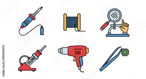 Collection of crafting tools and materials including soldering iron, thread, magnifying glass, drill, heat gun, and scissors on a white background from a straightforward viewpoint
