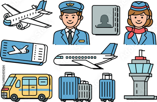 Air travel icons set featuring airplane, pilot, flight attendant, boarding pass, luggage and airport control tower, flat illustration collection for aviation and tourism design