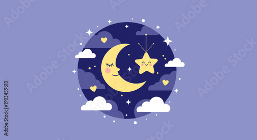 Enchanting night sky illustration depicts a sleeping crescent moon and a happy star surrounded by fluffy clouds and hearts.