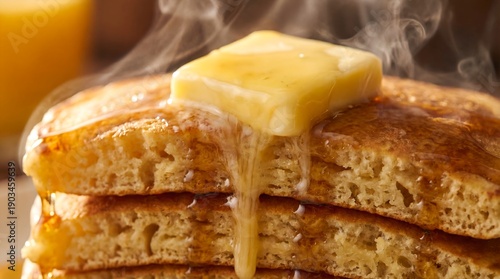 Close-up of a steaming stack of golden pancakes, generously adorned with a melting pat of butter and drizzled with sweet amber syrup, perfect for a comforting breakfast
