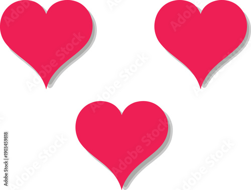 Red heart icons vector set illustration. Simple flat hearts with soft shadow effect. Clean minimal design for Valentine cards, love symbols, and romantic graphics.