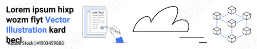 Technology, cloud storage, document management, blockchain networks, data security, digital signatures. Line drawing of a cloud, blockchain nodes and contract signing. Cloud storage and blockchain