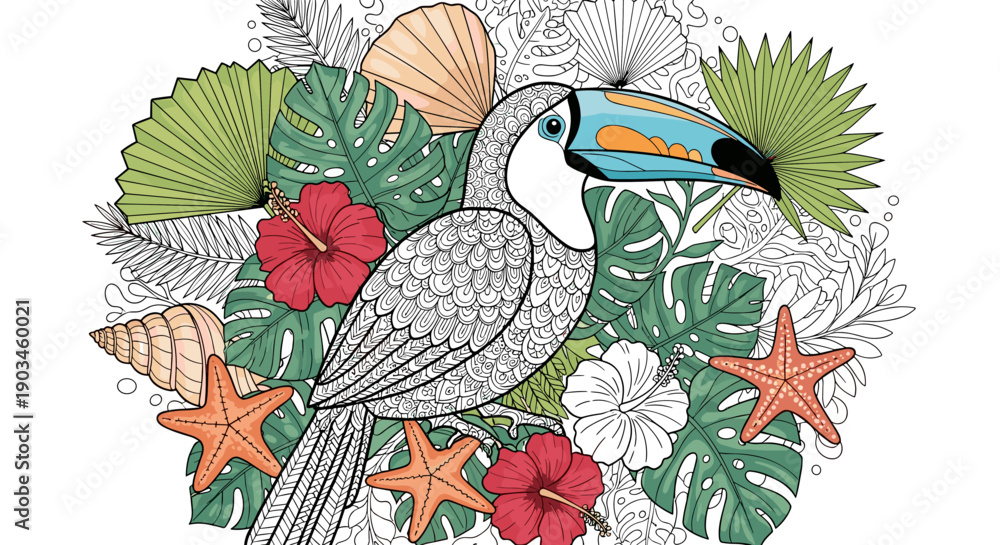 Obraz premium Exotic toucan bird is surrounded by tropical hibiscus flowers palm leaves and starfish in a vibrant circular floral design.