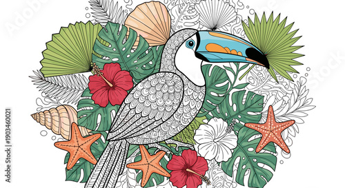 Exotic toucan bird is surrounded by tropical hibiscus flowers palm leaves and starfish in a vibrant circular floral design.