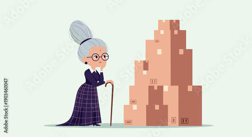 Thoughtful elderly woman stands with her cane next to a massive mountain of stacked brown cardboard moving boxes.