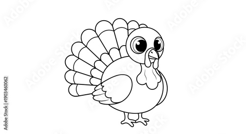 Black and white coloring page illustration shows a cute cartoon turkey with large expressive eyes standing on a plain white background.