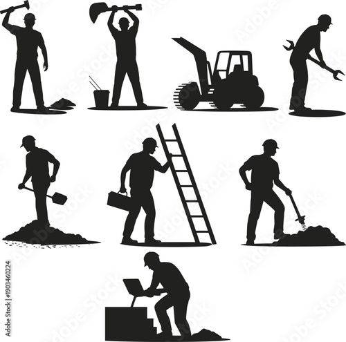 Silhouette construction workers with tools, teamwork, labor, industry, building, repair, engineering, maintenance, teamwork, hard work, industrial site, construction equipment, technology, progress