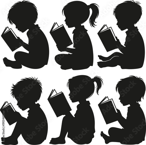 Silhouette of kids reading books, children education vector set, boy and girl sitting with books, black reading icon for learning designs