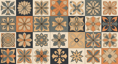 Seamless geometric pattern consists of square tiles featuring stylized floral motifs in earth tones of orange, grey, and beige.