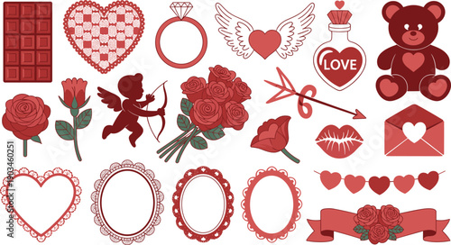 Valentine romantic elements vector set illustration. Hearts, roses, cupid, teddy bear, ring, frames, and love icons. Clean flat design for Valentine cards, weddings, and romantic branding.