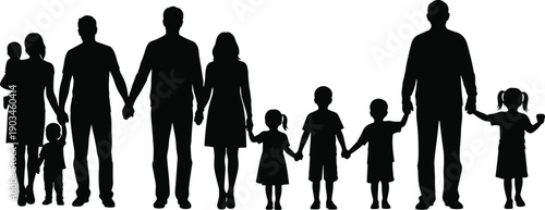 Family silhouettes holding hands showing parents and children standing together, happy family concept isolated on white background for unity, care and togetherness themes