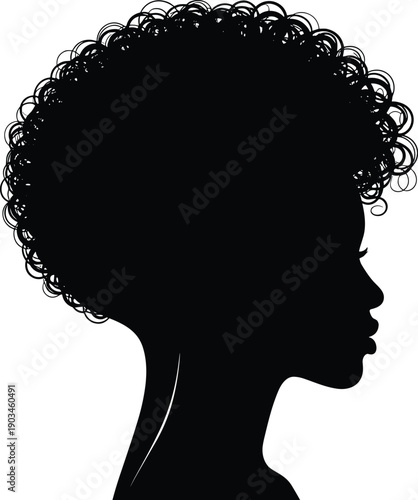 Female profile silhouette with curly afro hairstyle, elegant woman head outline isolated on white background for beauty, fashion, diversity and natural hair design concepts