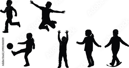 Kids silhouettes set showing children running, jumping, playing and having fun, active childhood poses isolated on white background for education and lifestyle design use