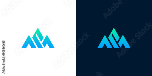 Modern abstract mountain peaks logo design featuring a vibrant blue and green gradient, perfect for technology, outdoor, or corporate branding identity
