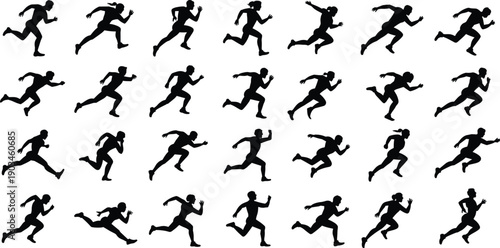 Running silhouette sequence, athlete motion cycle, black sports figure vector set, jogging and sprinting poses for animation, biomechanics, fitness, and training design