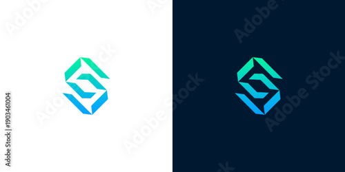 Modern abstract geometric logo design with gradient colors on white and dark backgrounds, symbolizing innovation and technology