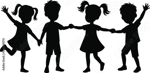 Silhouette of four kids holding hands, children playing together, boys and girls, happy childhood moment, friendship, unity, fun, outdoors illustration