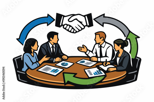 business handshake at round table meeting with charts and arrows