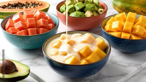 Celebrating Ramadan kareem 2026 with a vibrant fruit salad preparation on a marble countertop featuring papaya, mango, avocado, and yogurt