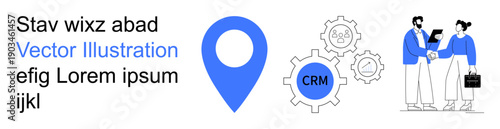 Business planning, customer management, teamwork, CRM systems, location tracking, collaboration. Blue location pin, CRM gear icons team discussing ideas. Business collaboration and customer