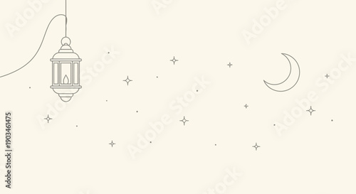 Simple line art of a lantern and crescent moon surrounded by stars.