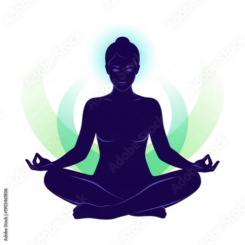A serene woman meditates in lotus position with subtle green aura, serene environment and peaceful surroundings.