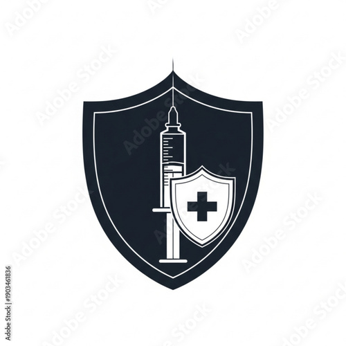 Medical syringe and shield with cross icon on dark shield illustration