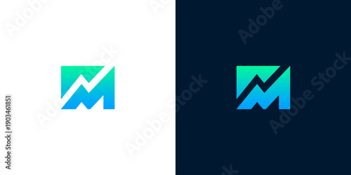 Abstract 'M' shape with a rising graph symbolizing growth and success, presented in a modern, clean, and professional style on both white and dark backgrounds