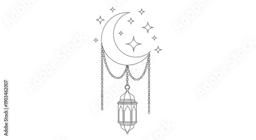 Ramadan Kareem crescent moon and lantern line art illustration.