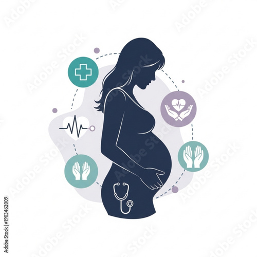 Expectant mother surrounded by health and wellness icons in a serene illustration showcasing pregnancy and medical care