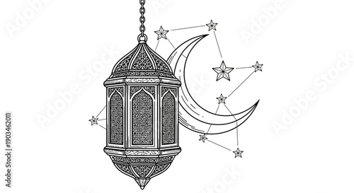 Ornate lantern with crescent moon and stars illustration.
