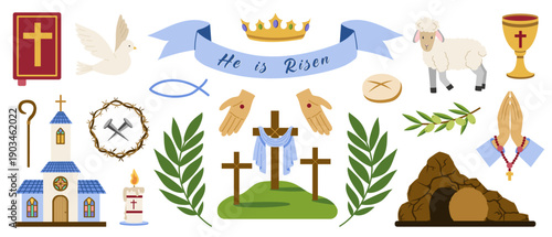 Catholic religious Easter holiday symbols. Christian faith icon elements: tomb, lamb, praying hands, cross, church cup, holy Bible, dove as holy spirit. Faith, religion, communion concept vector set.