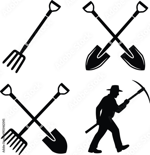 Silhouette of gardening tools including rake, shovels crossed, and farmer walking with hoe, agricultural equipment, farm work, gardening vector icons illustration
