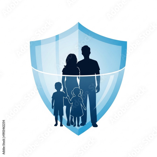 Family of four standing together protected by a shield emblem symbolizing safety and security