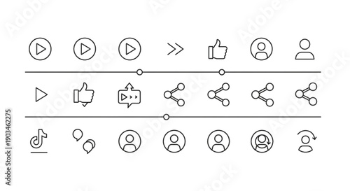Social Media Icons: Play, Like, Share, Comment, and Profile Symbols. Isolated Line Art.
