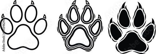 Stylized animal paw print silhouettes in three design variations, dog or cat footprint icons isolated on white background for pet branding and graphic design use