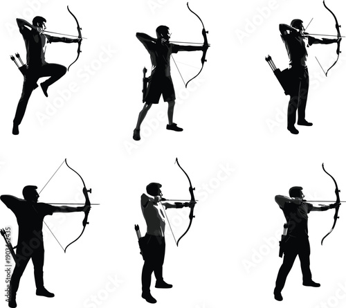 Silhouette of archers aiming with bow and arrow, men archery poses, traditional sport training, hunting, shooting action isolated on white background