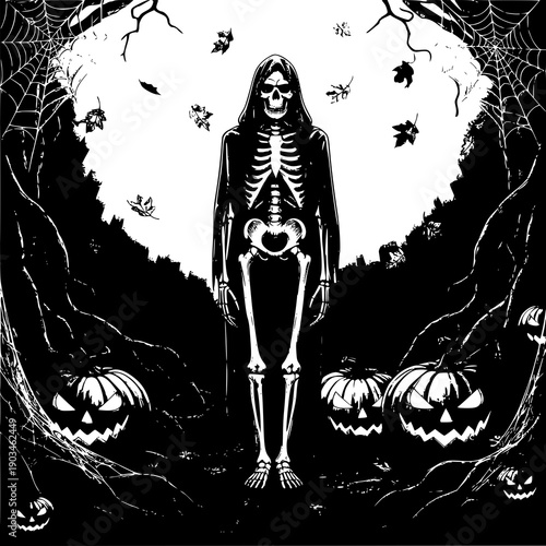 Spooky Skeleton Among Halloween Pumpkins – Vintage Woodcut Illustration