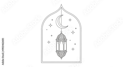 Islamic lantern with crescent moon and stars in ornate archway.