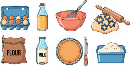 Baking ingredients and kitchen tools set with flour milk eggs and rolling pin isolated on white