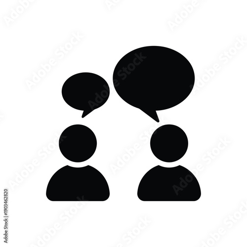 Two figures communicating with speech bubbles in a simple black design