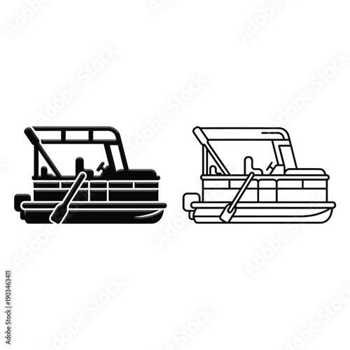 Two black and white illustrations of a pontoon boat with oars